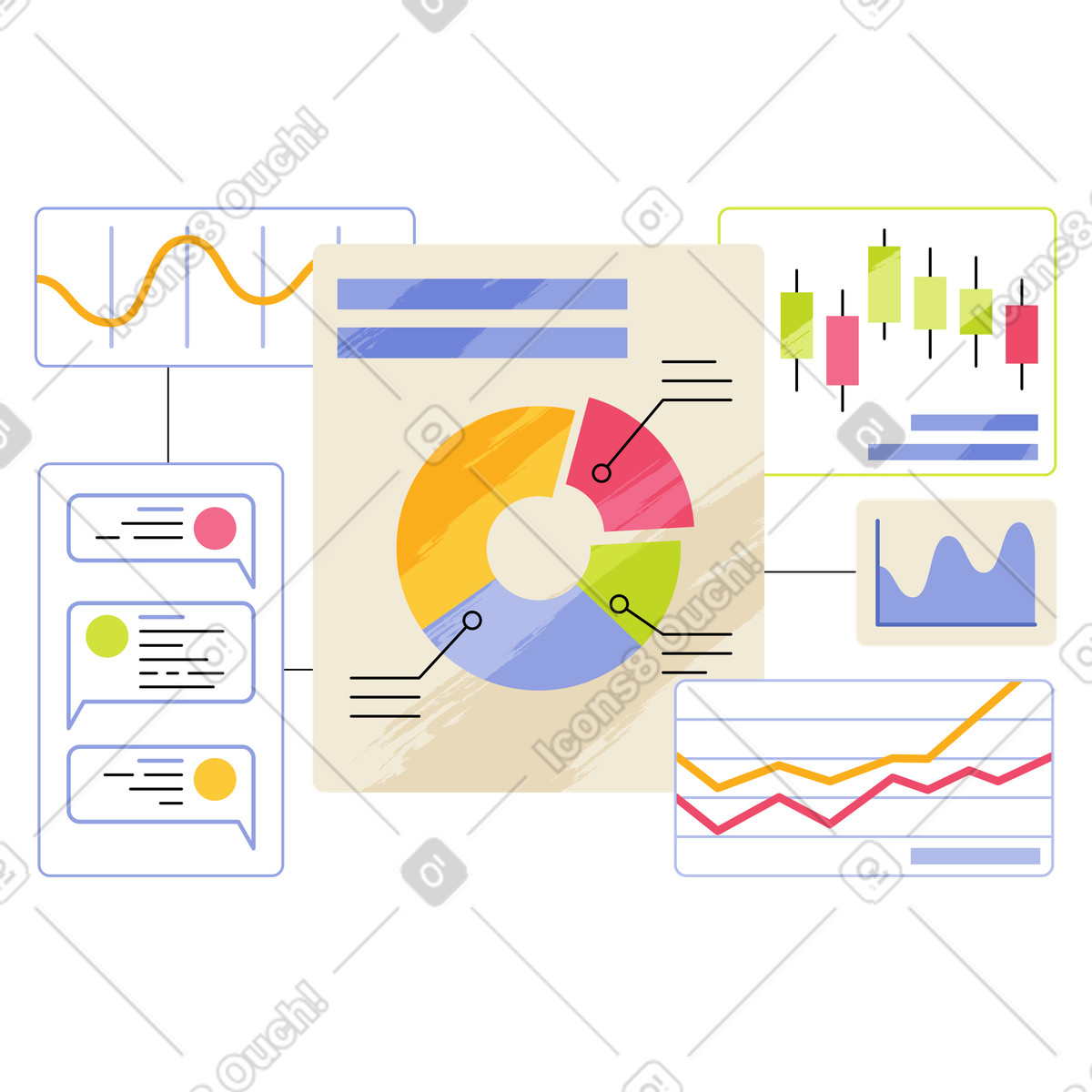 Analytics dashboard with graphs and candlestick chart, Monitoring website metrics illustration in Juicy style download in PNG, SVG