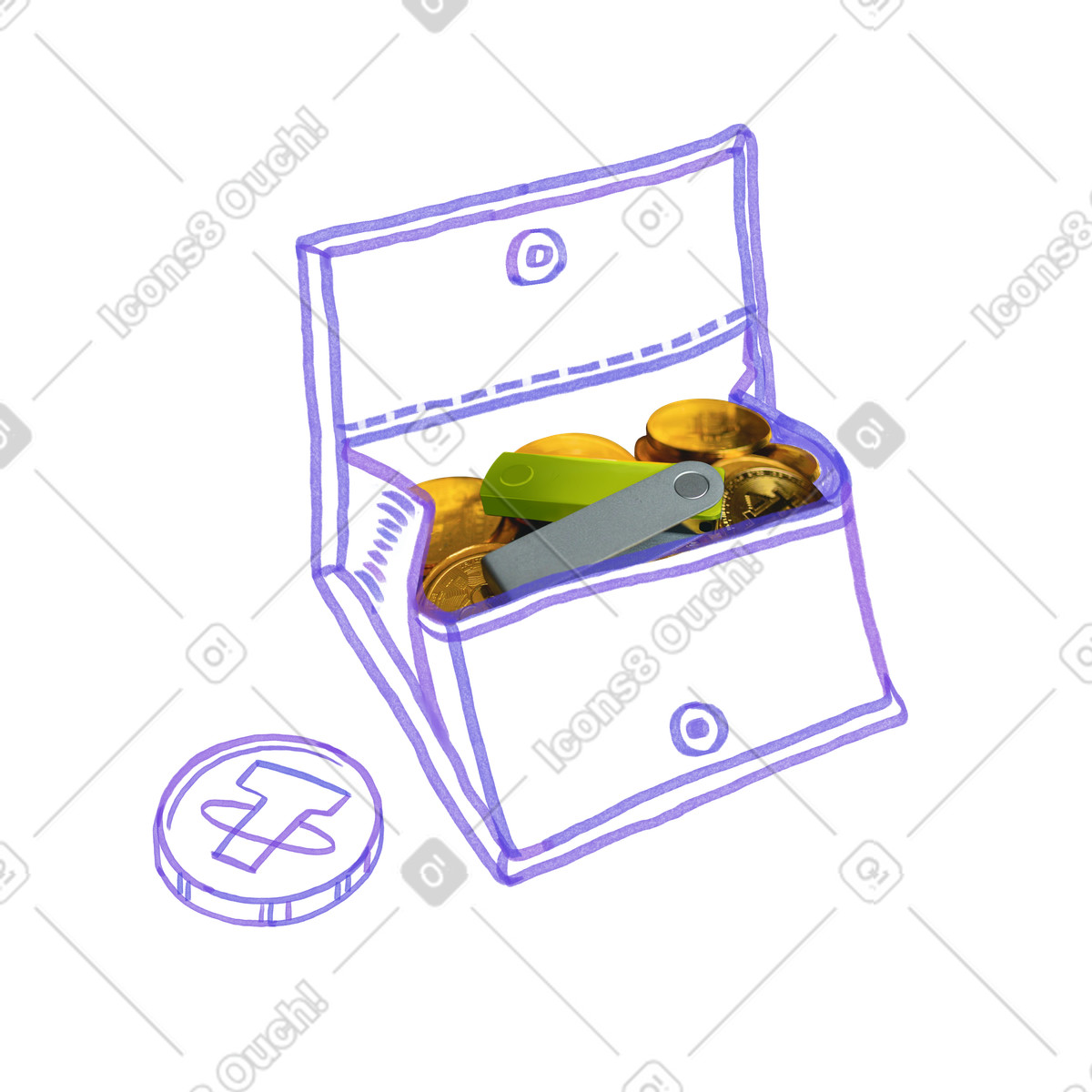 Portafoglio crittografico con registro e tether illustrazione in stile Marker scarica in PNG, SVG