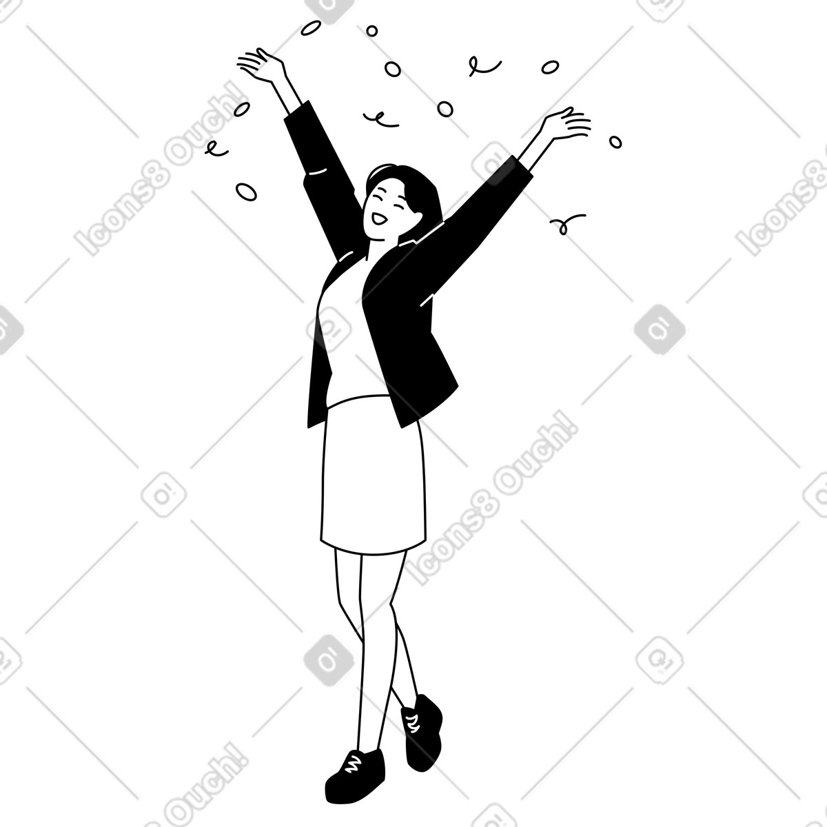 Ilustración Mujer feliz celebrando el éxito y lanzando confeti en estilo Weekday a descargar en PNG SVG