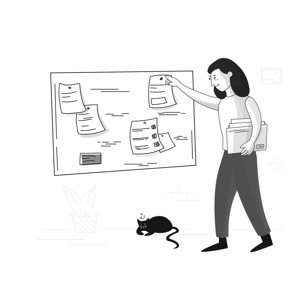 Иллюстрация Office worker arranging papers on board, project planning or task management в стиле Pixeltrue — скачать в форматах PNG, SVG