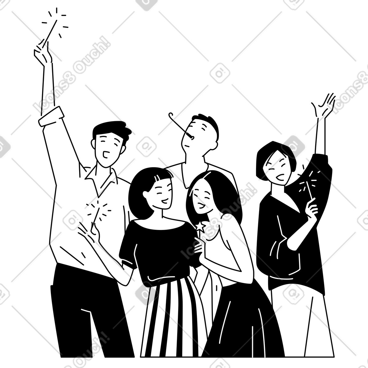Friends celebrating New Year with sparklers, Festive gathering or party illustrazione in stile Weekday scarica in PNG, SVG