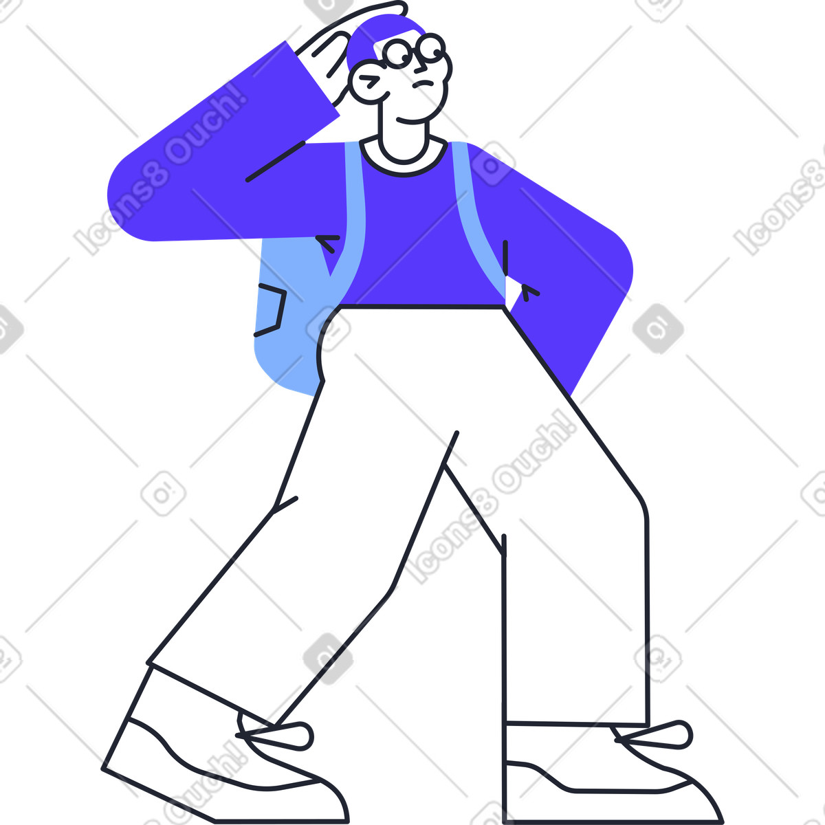 Иллюстрация Man in blue sweater with backpack and hand on his head standing в стиле Pablita — скачать в форматах PNG, SVG
