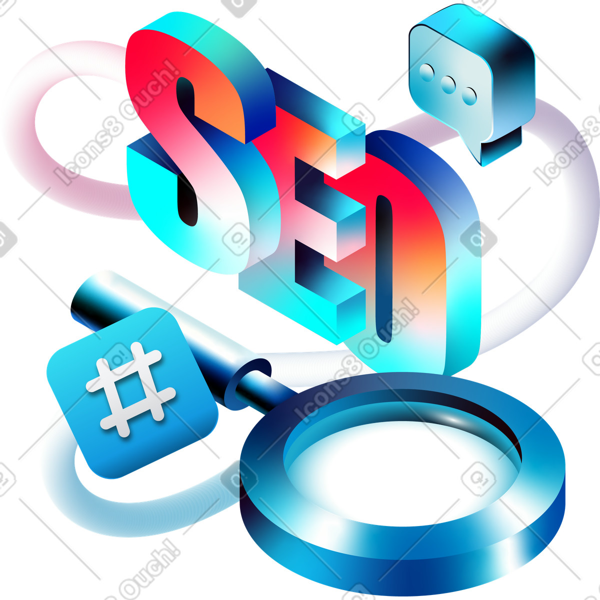 Glare 스타일의 SEO analytics with magnifier, hash button and speech bubble 일러스트레이션 PNG, SVG 다운로드