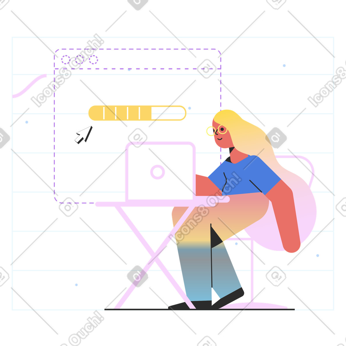 Woman downloading files on laptop illustrazione in stile Marginalia scarica in PNG, SVG