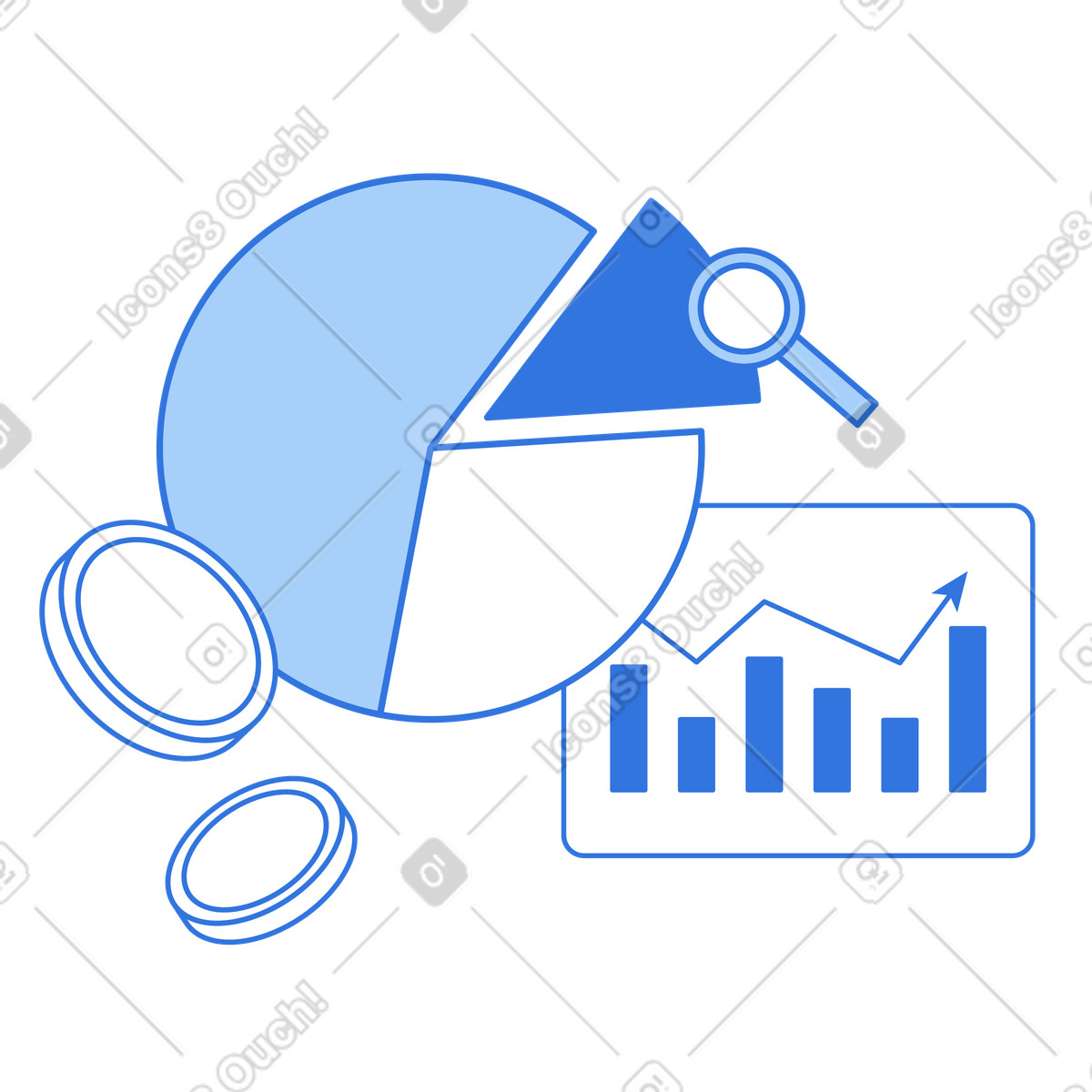 Pie chart with coins and analytics dashboard, Business performance tracking illustrazione in stile Sky scarica in PNG, SVG