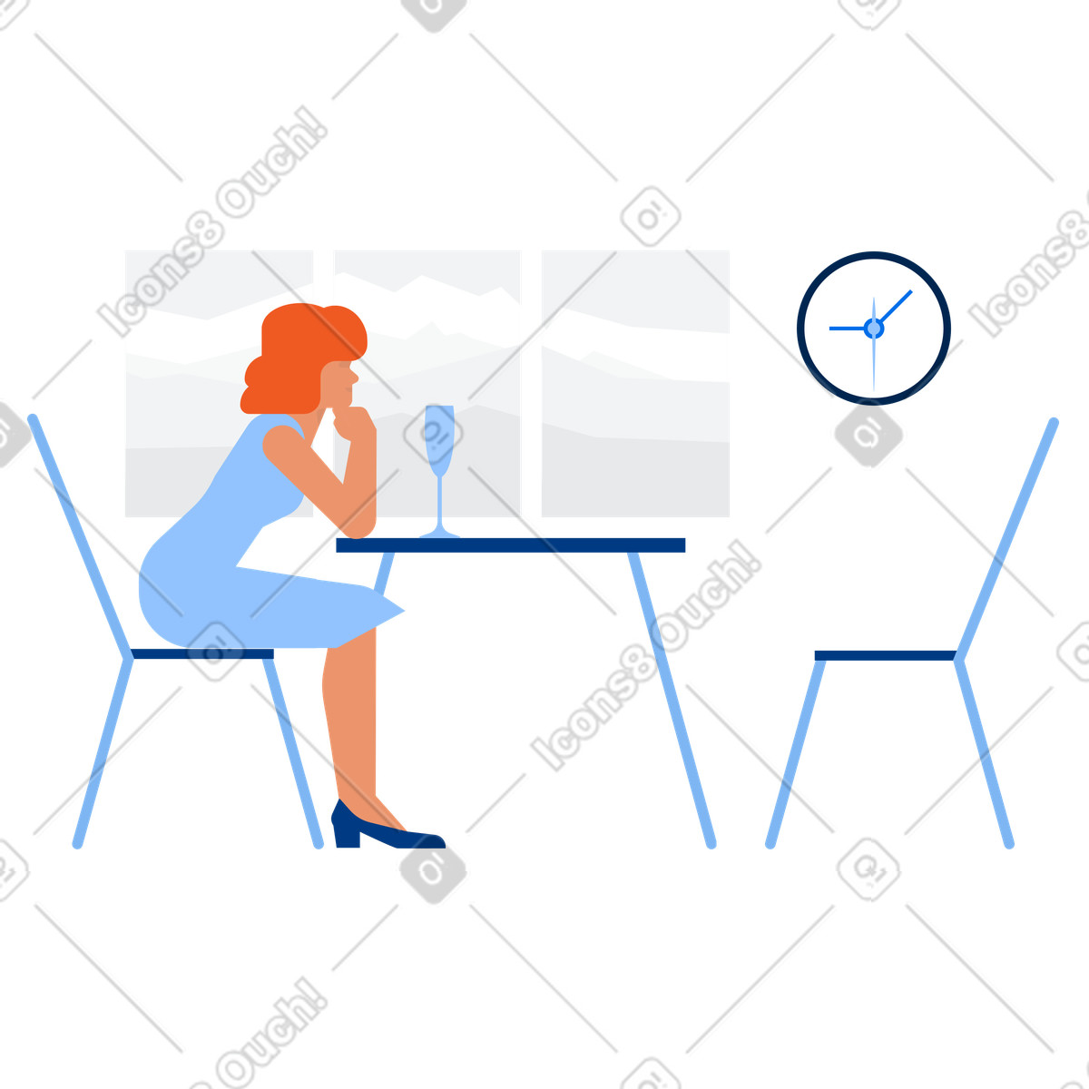 Woman waiting for her date at restaurant illustration in PNG, SVG