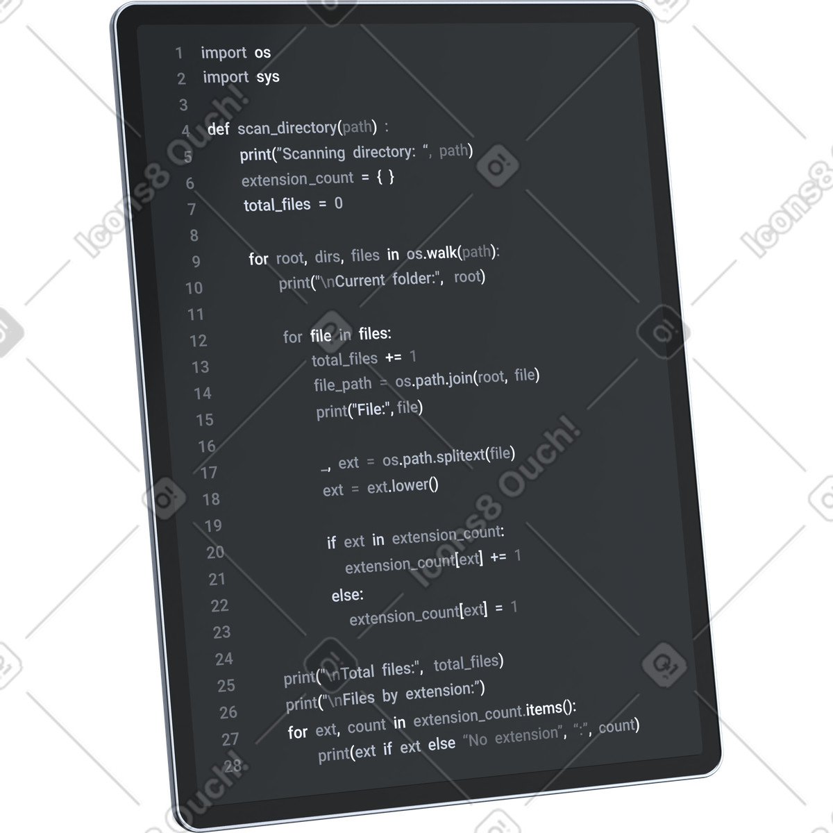 Ilustração de Coding workflow with Python script in code editor em no estilo 3D Pro para baixar em PNG, SVG