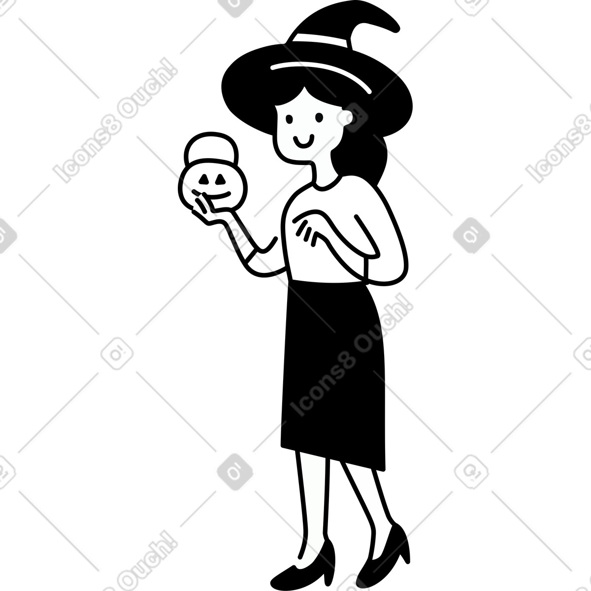 Illustration Witch costume character holding jack o lantern pumpkin and smiling dans le style Notion Line Art à télécharger aux formats PNG, SVG