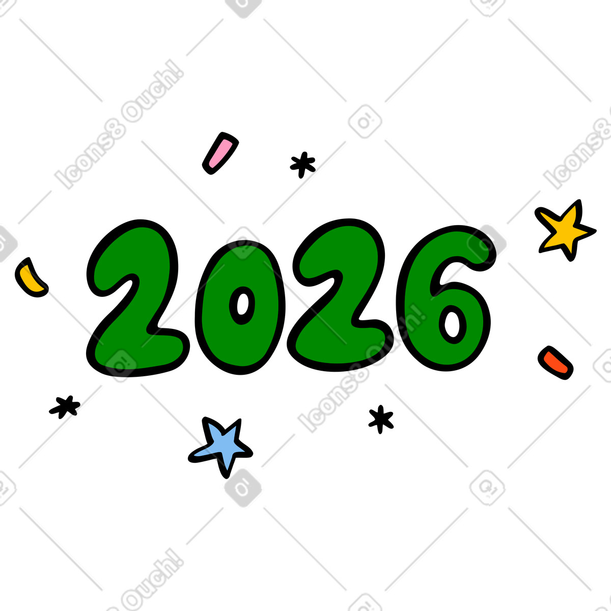 Number 2026 with stars and confetti illustration in Comic style download in PNG, SVG