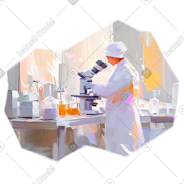 Oil painting of female scientist with microscope in laboratory PNG, SVG
