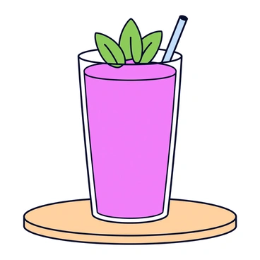 A clear glass filled with a vibrant pink rhubarb smoothie, showcasing a smooth and creamy texture. The smoothie is garnished with several fresh green mint leaves placed on top. The glass is sitting on a light wooden surface, adding a natural touch to the scene.