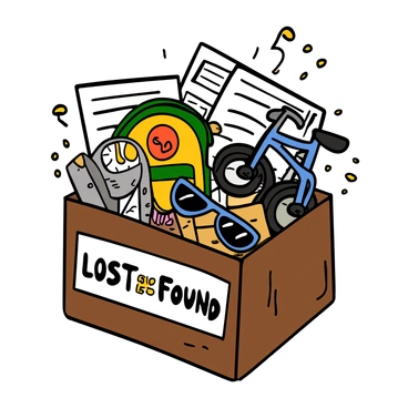 A "lost and found" box made of wood, filled to the brim with various unclaimed stolen items. The box is somewhat worn, with visible scratches and a slightly faded label that reads "Lost and Found." Inside, there are several items including a shiny silver wristwatch, a colorful backpack with cartoon designs, a pair of sunglasses with a cracked lens, and a small blue bicycle. Each item is placed carefully among crumpled papers and dust, suggesting they have been untouched for a while. The scene is well-lit, highlighting the details of each item within the box.