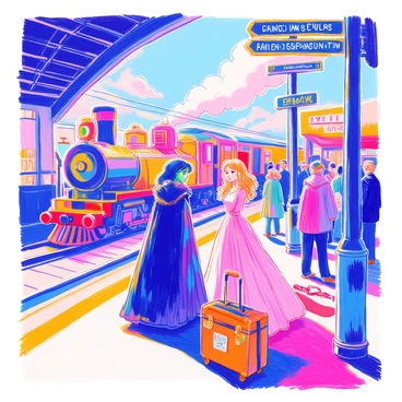 A train station bustling with passengers includes a platform where "Elphaba" and "Glinda" stand facing each other. "Elphaba" wears a long dark cloak, her green skin contrasting against the vibrant colors of "Glinda's" light pink dress. They both have matching expressions of sadness and determination. Beside them, there are two pieces of luggage, one trunk with travel stickers and a smaller bag. Background scenery includes a vintage train with steam billowing, and people walking by, adding to the busy atmosphere. A signpost shows destinations, enhancing the sense of farewell.