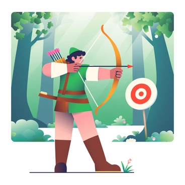 A classic Robin Hood figure aiming his bow at a target in Sherwood Forest
