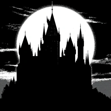 A large, imposing castle stands tall, its outline stark against the bright, full moon. The castle features tall towers and pointed roofs, with intricate details of windows and battlements visible in silhouette. The sky surrounding the moon is dark, filled with scattered, wispy clouds that enhance the mysterious atmosphere. The moon casts a soft, white glow that outlines the edges of the castle, accentuating its grandeur and age. The scene captures a sense of intrigue and suspense, inviting the viewer to imagine what might lie within the castle's walls.