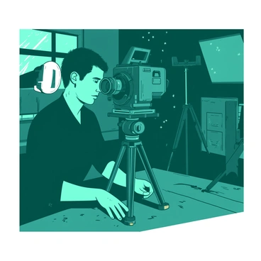 A teal filmmaker is peering through the viewfinder of a vintage film camera. The camera is detailed with brass accents and has a large lens that reflects the low light of the studio. The dimly lit studio has shadows cast by various equipment, including tripods and lights scattered around. The filmmaker is dressed in a dark shirt and has a focused expression on their face as they concentrate on the camera. Soft light filters in from a nearby window, illuminating dust particles floating in the air.