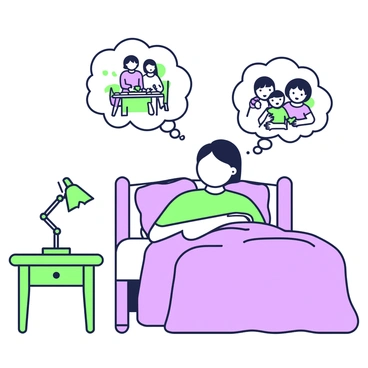 A person is lying in bed, sleeping soundly under a soft blanket. The room is dimly lit, with a bedside table on the left holding a small lamp. Above the person's head, there are several dream bubbles floating, showcasing images of family moments. One bubble depicts a family gathering around a dinner table, while another shows a cozy scene of the person with loved ones in a warm embrace. A third bubble illustrates a serene home environment, suggesting a sense of security. The overall composition creates a peaceful atmosphere, emphasizing the connection between dreams and feelings of safety and happiness.