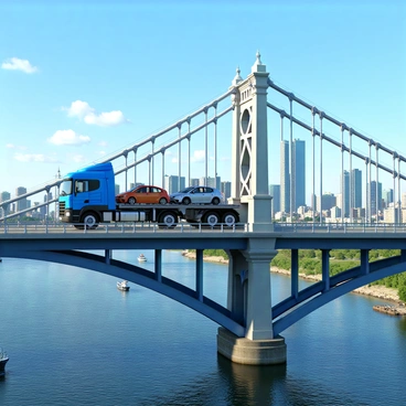 A large car-hauling truck with a vibrant blue color, featuring a flatbed trailer filled with various vehicles, is driving across an iconic suspension bridge with tall towers and cables. The truck's headlights are on, illuminating the road ahead. Below the bridge, a busy river flows with boats navigating through the water. In the background, the skyline of a major city is visible, showcasing tall skyscrapers against a bright blue sky with a few white clouds. The bridge itself is adorned with decorative elements that highlight its architectural significance.