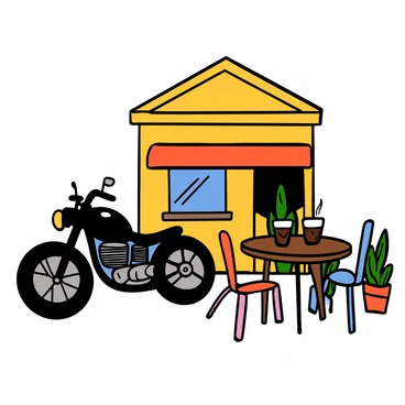 A café racer style motorcycle with a sleek design parked next to a small coffee shop. The motorcycle features a black and chrome color scheme with retro elements. Outside the coffee shop, there is a round wooden table with two glasses of iced coffee placed on it, reflecting sunlight. The coffee shop has a warm, inviting façade with a small awning. Green plants are situated near the entrance, adding a touch of nature to the scene. Brightly colored chairs are arranged around the table, inviting customers to sit and enjoy their drinks.