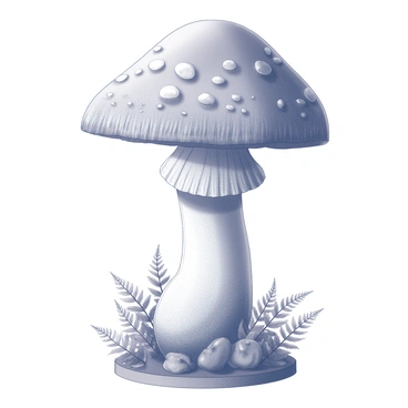 A garden statue shaped like a large, ornamental mushroom. The mushroom features a wide, domed cap with intricate patterns and textures carved into its surface. The stem of the mushroom is thick and sturdy, adding to its imposing presence in the garden. Surrounding the base of the statue are smaller ferns and grass, enhancing the natural setting. The overall composition is balanced, with the mushroom statue as the focal point amidst the greenery.