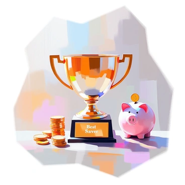 A shiny trophy stands prominently on a polished wooden surface, reflecting light with its smooth, metallic surface. The trophy features an intricate design with elegant curves and a sturdy base. The label "Best Saver" is prominently displayed on a gold plaque affixed to the front of the trophy. The background includes a few scattered coins and a small piggy bank, subtly illustrating the theme of savings and financial diligence. The setting is well-lit, highlighting the trophy's brilliance and the significance of the achievement.
