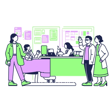 An employer is leading a guided tour of an office space to a group of new hires. The employer is a middle-aged person with glasses, wearing a professional outfit. As they walk, the group of new hires, consisting of three individuals, listens attentively. The office features various sections, including a lively open workspace filled with desks and computers, where employees are collaborating. Nearby, there is a conference room with a large table and a screen displaying a presentation. The employer points towards a break area with comfortable seating and a coffee machine, highlighting a space for relaxation. In the background, there are colorful posters on the walls displaying the company's values and mission statement.