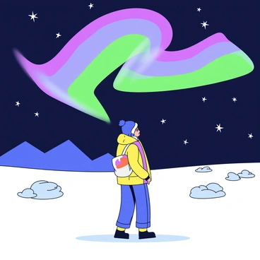 A traveler stands on a snowy landscape, gazing up at the sky. The Northern Lights shimmer in vibrant shades of green and purple, illuminating the dark night. The ground is covered in a thick layer of snow, with small snowdrifts forming around the traveler’s feet. The traveler is bundled up in a warm jacket and a hat, with visible puffs of breath in the cold air. In the distance, the silhouette of a mountain range can be seen against the starry sky.