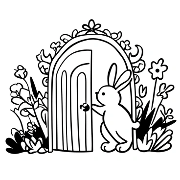 A rabbit with fluffy fur is peeking through an ornate garden gate that is open slightly. The gate is intricately designed with floral patterns and vines, showcasing a sense of detail. In the background, there are various plants and flowers surrounding the gate, creating a lush environment. The rabbit's ears are perked up as it curiously gazes towards the garden.