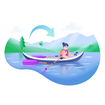 A calm lake with gentle ripples reflecting the sky. In the foreground, a person is rowing a boat with two oars extended into the water. The person is wearing a bright red life jacket and has a focused expression. Above the oars, there are arrows drawn in a light blue color demonstrating the direction and force applied by the oars. The surrounding landscape includes green trees and a distant mountain range under a clear blue sky.