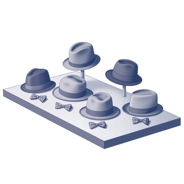 A display featuring various hats and matching bow ties