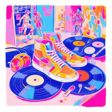 A collage features a variety of basketball culture elements. In the foreground, a pair of colorful basketball sneakers sits prominently, showcasing unique designs and patterns. Surrounding the sneakers are vinyl records and headphones, representing the music aspect of the culture. Vibrant street art murals fill the background, depicting dynamic basketball players in action and graffiti-style lettering. The arrangement captures the energy and essence of urban basketball culture.
