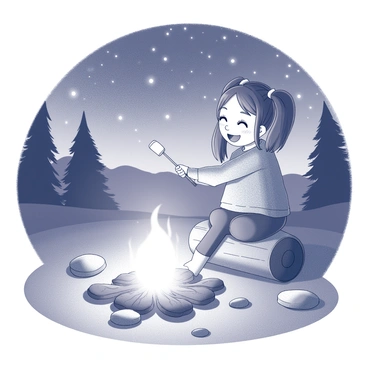 A cartoon girl sitting on a log, carefully roasting marshmallows on a long stick over a campfire. She has a joyful expression on her face, with her hair tied in pigtails and wearing a cozy sweater. The campfire is in the center, with bright flames and glowing embers. Surrounding the fire are several scattered rocks. Above her, the night sky is filled with numerous stars, creating a sparkling effect. In the background, silhouettes of trees frame the scene, adding depth to the tranquil outdoor setting.