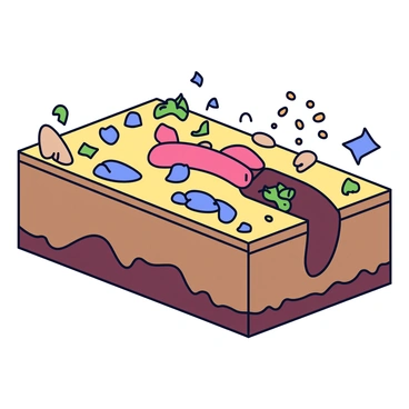 A detailed cross-section of soil showing an earthworm actively burrowing through the ground. The earthworm is elongated and has a segmented body, visibly moving through a tunnel it has created. Surrounding the tunnel, various soil particles are present, illustrating the texture of the earth. Nutrients, represented as small particles, are being released into the soil from the earthworm’s movement, dispersing throughout the tunnel and enhancing the surrounding earth. The soil layers above and below the tunnel are clearly defined, showcasing the earthworm's impact on the soil structure.