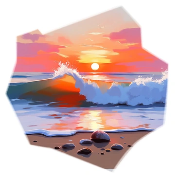 Waves crashing forcefully against the sandy shore, creating white foam as they retreat back into the ocean. The scene is bathed in a red tint, illuminating the water and reflecting the hues of the setting sun. The sky is filled with gradients of deep red and orange, while wispy clouds catch the light. The shoreline is dotted with smooth pebbles and seashells, partially submerged by the incoming tide. The atmosphere evokes a sense of tranquility as the day transitions into night.