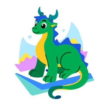 A mythical creature with shimmering scales in vibrant shades of green and blue is perched atop a 1/8 illustration board. The creature has large, expressive eyes and elegantly curved horns on its head. Its long, flowing tail curls gracefully around the edge of the board. The background shows hints of a magical forest with colorful foliage, enhancing the enchanting aura of the scene. The illustration board is positioned slightly tilted, displaying the intricate details of the creature's scales and features.