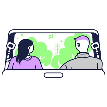 A view from the backseat of a car is depicted. Two passengers are seated in the back, one on the left and one on the right. The passenger on the left is a young woman with long hair, wearing a blue sweater, while the passenger on the right is a man with short hair, dressed in a gray jacket. Both passengers are looking out the window, where trees and buildings pass by in the background. The car's interior is visible, with seat belts fastened and the armrest between the two seats. Sunlight filters through the windows, casting soft shadows inside the vehicle.