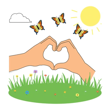 Two hands are positioned close together, creating the shape of a heart in the air. Surrounding the heart, several colorful butterflies are fluttering, each with vibrant patterns on their wings. The background features a lush green meadow dotted with small wildflowers in various colors. The sun is shining brightly, casting cheerful light across the scene, highlighting the delicate details of the butterflies and the texture of the grass.
