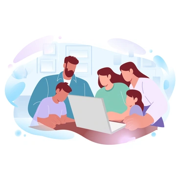 A family consisting of four members is gathered around a laptop placed on a wooden table. The parents, sitting on either side, are attentively looking towards the screen. The father is wearing a blue shirt and the mother is in a light pink blouse. The two children, a boy and a girl, are leaning forward with curiosity. The boy is in a green t-shirt while the girl is wearing a purple dress. Various household items are visible in the background, such as a potted plant and framed pictures on the wall. A soft glow from the laptop screen illuminates the family's focused expressions.