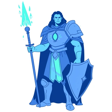 A blue fantasy character stands confidently, with one half adorned in intricate robes decorated with glowing symbols, symbolizing magic and wisdom. The robe’s flowing fabric transitions into a battle-worn armor on the other half, complete with a detailed breastplate and a large shield. In the wizard's hand, there is a teal staff topped with a sparkling gem, emanating a faint light. The warrior side features a muscular arm wielding a sturdy sword, glinting in the light. The character's face showcases a determined expression, with one eye appearing wise and the other fierce.