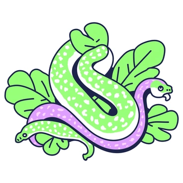 A group of snakes with intricate patterns are coiled among lush tropical leaves. One snake has distinctive green scales with purple accents, while another has a vibrant purple body with green markings. The leaves are large and glossy, providing a rich backdrop for the snakes. The scene captures the dynamic shapes of the snakes as they twist and turn, with their heads peeking out from the foliage, showcasing their iridescent scales.