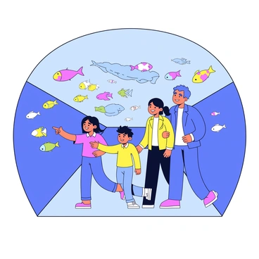 A family of four is walking through a long glass tunnel within an aquarium. The tunnel is transparent, allowing a clear view of the surrounding aquatic life. Colorful fish of various shapes and sizes swim gracefully around them. The children, a boy and a girl, are pointing excitedly at a large school of fish that passes by. The parents are smiling and enjoying the moment together. The tunnel is well-lit, highlighting the vibrant colors of the fish and the blue hues of the water surrounding them.