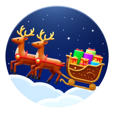 A team of reindeer with shiny, golden antlers flying across a dark, starlit sky. Each reindeer has a glossy brown coat, with bright red harnesses adorned with bells. A traditional wooden sleigh, overflowing with beautifully wrapped gifts in colorful paper and ribbons, is pulled by the reindeer. The sleigh is decorated with intricate carvings, gleaming under the light of the stars. The night sky is filled with twinkling stars, creating a magical backdrop for this festive scene.