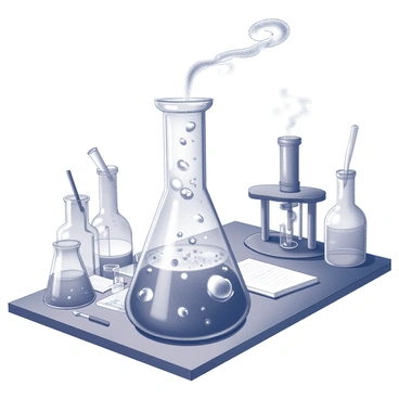 A laboratory flask sits on a workbench, filled with a bubbling liquid. The flask is round at the bottom, tapering to a narrow neck. Bubbles rise rapidly to the surface, creating a chaotic effect. Above the flask, wisps of smoke emanate, curling and swirling in the air. The lab is filled with various scientific equipment, including beakers, test tubes, and a burner. There are notebooks and a few scattered utensils nearby, indicating an ongoing experiment. Shadows from the overhead light cast dramatic shapes on the surfaces.