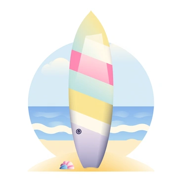 A retro-styled surfboard is standing upright on a sandy beach. The surfboard features classic stripes in pastel colors, including light pink, sky blue, and soft yellow. The colors appear slightly faded, giving it a vintage look. The surfboard has a glossy finish that reflects sunlight, and a small logo is visible near the tail. In the background, you can see gentle waves lapping at the shore, and a clear blue sky stretches overhead. A few seashells are scattered in the sand near the base of the surfboard.