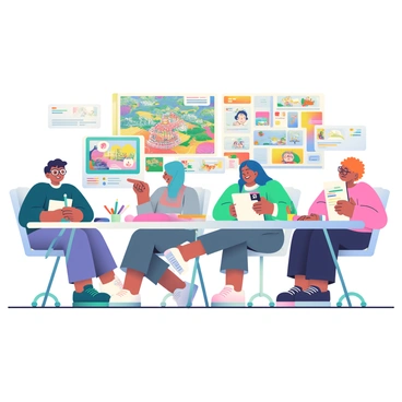 A group of four designers is gathered around a large table, focused on creating concept art for an immersive anime-themed amusement park. One designer has short black hair and is wearing glasses, sketching ideas on a notepad. A second designer, with long blue hair, is pointing at a colorful digital monitor displaying vibrant park layouts and attractions. The third designer, a woman with teal hair, is arranging colorful markers and concept sketches of various anime characters and scenes around the table. The fourth designer, with orange hair, is discussing ideas animatedly while holding a clipboard filled with notes. Various art supplies, including pencils and reference books, are spread across the table, and a large mood board showcasing anime-inspired visuals hangs on the wall behind them.