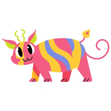 An imaginative animal character with a round body covered in vibrant, swirling patterns of red, blue, and yellow. It has large, expressive eyes that shine with curiosity and a wide, cheerful grin. The character has oversized ears shaped like leaves and whimsically spiraled horns on its head. Its limbs are short and stubby, with paws that have bright pink claws. The tail is long and curly, ending in a fluffy tuft. This character stands in a playful pose, radiating a sense of fun and adventure.