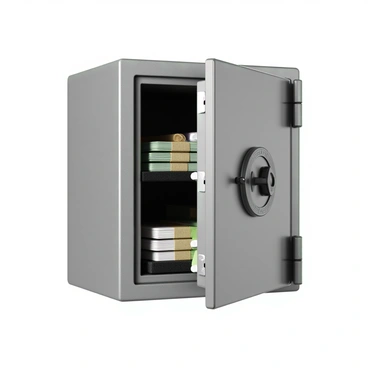 A large open safe made of steel with a silver-colored finish, displaying intricate details on its door. Inside the safe, there are neatly arranged bundles of cash, with various denominations clearly visible and tied with rubber bands. Additionally, there are several important documents, such as contracts and certificates, organized in a stack on the left side of the safe. The interior of the safe is lined with a dark velvet material that contrasts with the bright colors of the cash and the crisp white paper of the documents. The safe is positioned against a neutral background that highlights its contents.