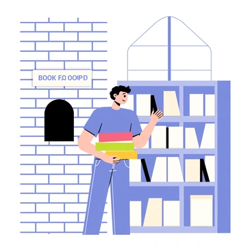A person standing in front of a library drop-off slot, holding a stack of colorful books. The drop-off slot is a rectangular opening on the library's brick wall, with a sign above it that reads "Book Drop." The person is wearing a blue t-shirt and jeans, with short brown hair. The stack of books includes a red book on top, a green book in the middle, and a yellow book at the bottom. The background features tall bookshelves filled with books and a large window letting in light.