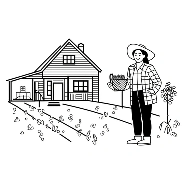 An old farmhouse with wooden siding and a sloped roof is situated among rows of coffee plants. The farmhouse features a large front porch with a few steps leading up to it. A farmer stands proudly in the foreground, wearing a wide-brimmed hat and holding a basket filled with coffee cherries. He is dressed in a plaid shirt and sturdy boots, with a content expression on his face. The coffee plants are lush, with clusters of green leaves and ripe cherries visible. The background shows a clear sky, enhancing the scene of rural life.