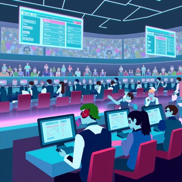 A digital arena filled with vibrant holographic displays showcasing various esports events. In the foreground, multiple gamers are intensely focused on their futuristic gaming consoles, their faces illuminated by the glow of the screens. Each gamer has unique characteristics, such as different hairstyles, gaming attire, and accessories. In the background, a diverse crowd of spectators watches eagerly from tiered seating, some with augmented reality glasses, others holding devices displaying real-time betting information. Large screens above display live match statistics and upcoming events. The atmosphere is electric, with colorful lights pulsating throughout the arena, creating a lively and competitive environment.